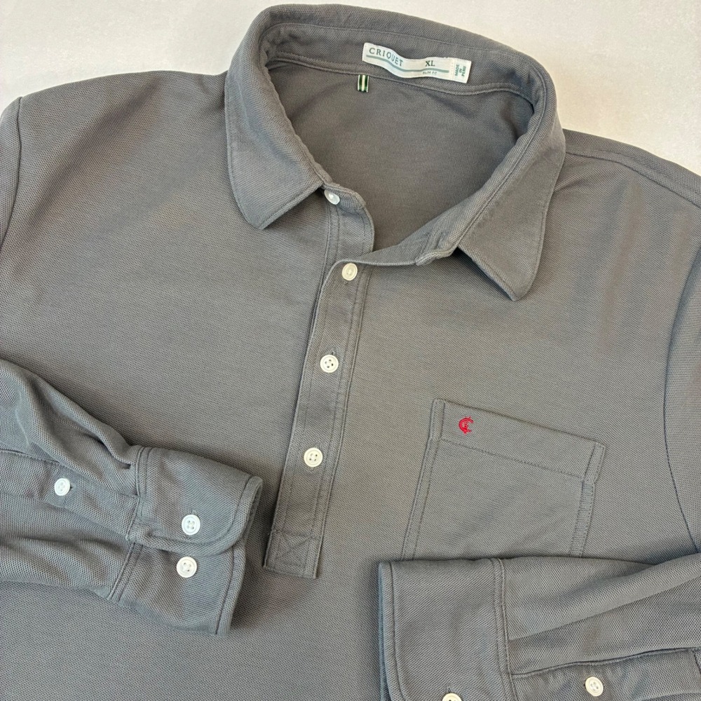 Criquet Polo Shirt Mens XL Gray Long Sleeve Pima‎ Cotton Slim Fit Button Pocket